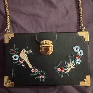 Handmade Black Embroidered Clutch/Shoulder Bag With a Beautiful Long Gold Strap